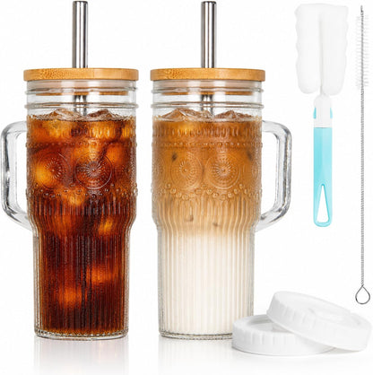 Glass Coffee Tumbler, 20 oz Glass Cup with Lid and Straw