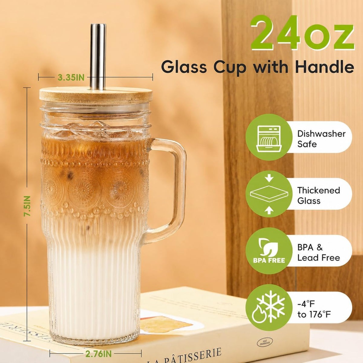 Glass Coffee Tumbler, 20 oz Glass Cup with Lid and Straw