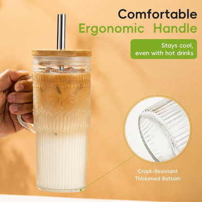 Glass Coffee Tumbler, 20 oz Glass Cup with Lid and Straw