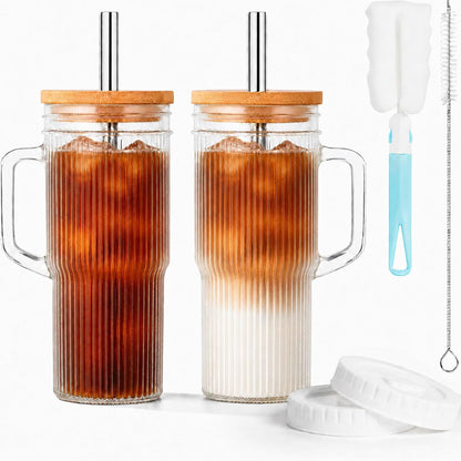 Glass Coffee Tumbler, 20 oz Glass Cup with Lid and Straw