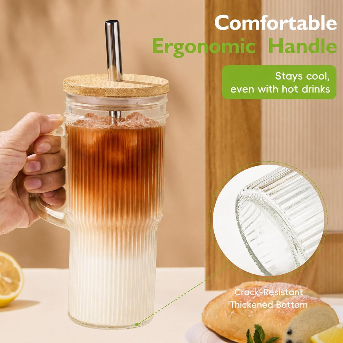 Glass Coffee Tumbler, 20 oz Glass Cup with Lid and Straw