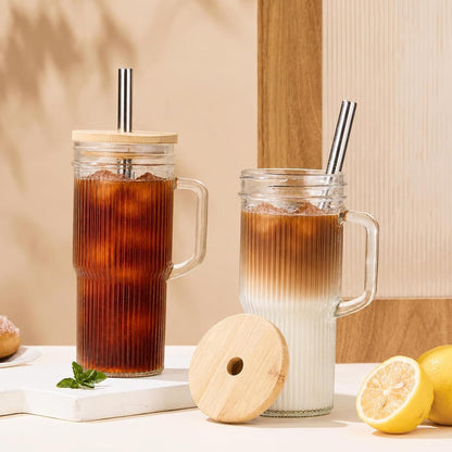 Glass Coffee Tumbler, 20 oz Glass Cup with Lid and Straw
