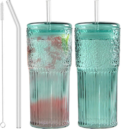 Glass Coffee Tumbler, 20 oz Glass Cup with Lid and Straw