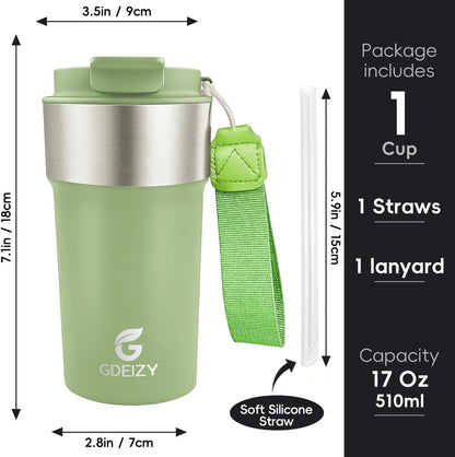 Insulated Travel Coffee Mug, 17oz Stainless Steel Leakproof Flip Straw Cup | Double Wall Vacuum Insulated, BPA-Free Material, Reusable Tumbler for Hot & Cold Drinks, Classic Black, Fits Car Cup Holders
