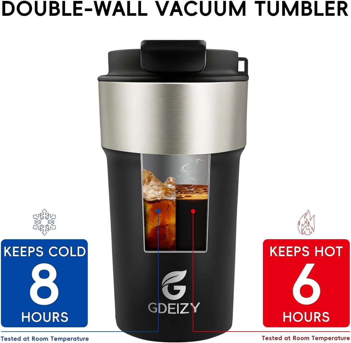 Insulated Travel Coffee Mug, 17oz Stainless Steel Leakproof Flip Straw Cup | Double Wall Vacuum Insulated, BPA-Free Material, Reusable Tumbler for Hot & Cold Drinks, Classic Black, Fits Car Cup Holders