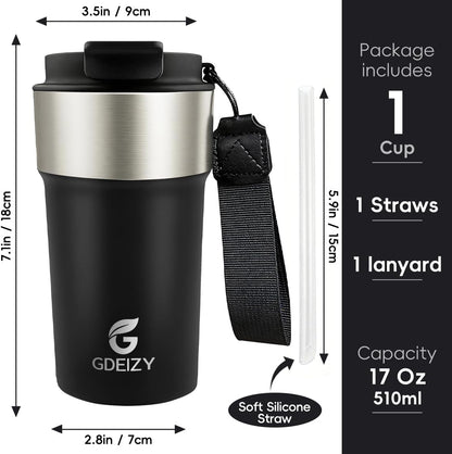 Insulated Travel Coffee Mug, 17oz Stainless Steel Leakproof Flip Straw Cup | Double Wall Vacuum Insulated, BPA-Free Material, Reusable Tumbler for Hot & Cold Drinks, Classic Black, Fits Car Cup Holders