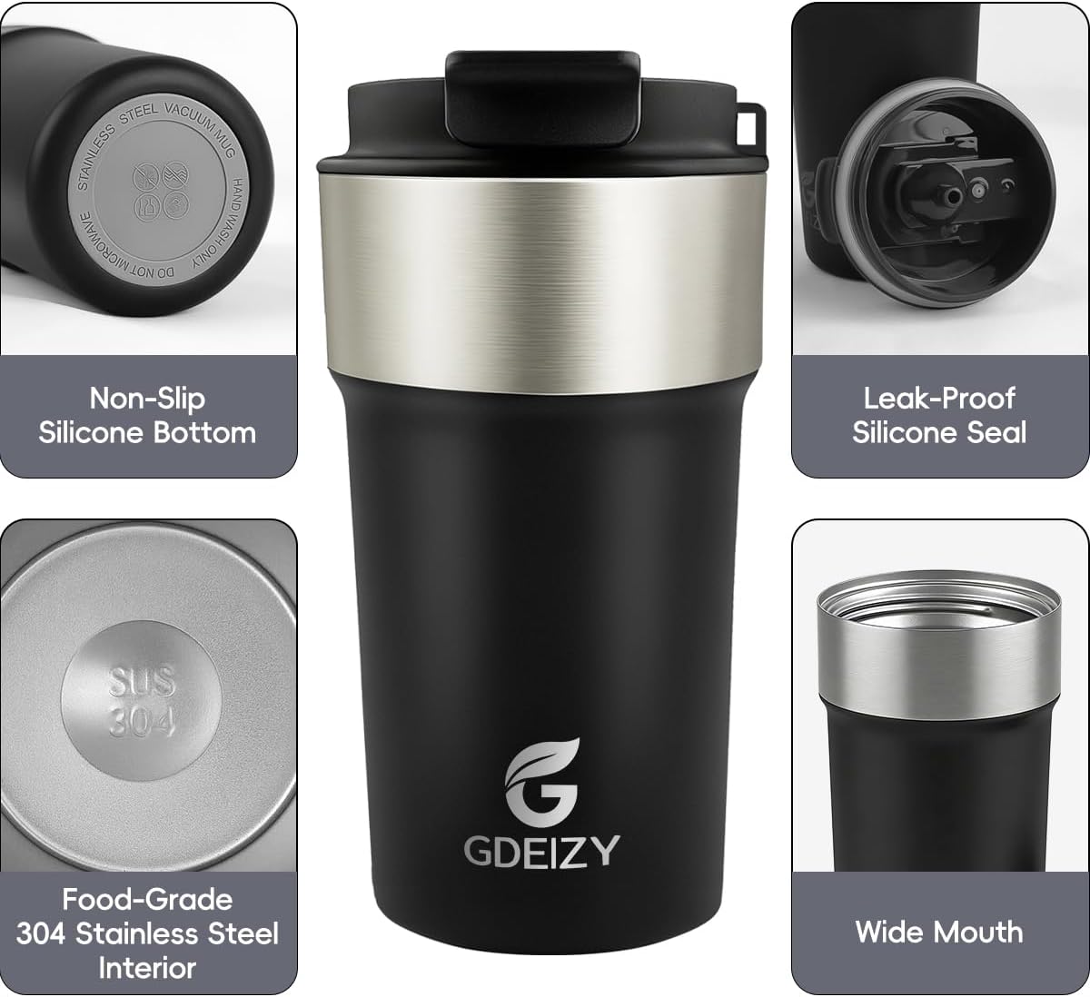 Insulated Travel Coffee Mug, 17oz Stainless Steel Leakproof Flip Straw Cup | Double Wall Vacuum Insulated, BPA-Free Material, Reusable Tumbler for Hot & Cold Drinks, Classic Black, Fits Car Cup Holders