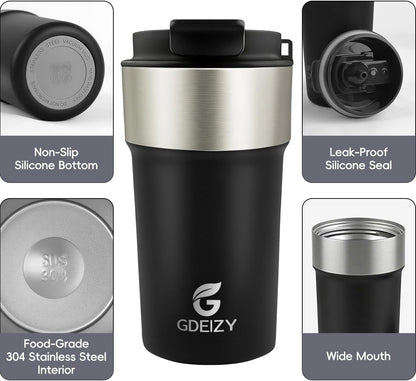 Insulated Travel Coffee Mug, 17oz Stainless Steel Leakproof Flip Straw Cup | Double Wall Vacuum Insulated, BPA-Free Material, Reusable Tumbler for Hot & Cold Drinks, Classic Black, Fits Car Cup Holders