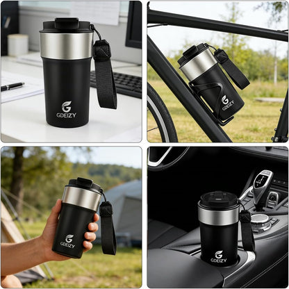 Insulated Travel Coffee Mug, 17oz Stainless Steel Leakproof Flip Straw Cup | Double Wall Vacuum Insulated, BPA-Free Material, Reusable Tumbler for Hot & Cold Drinks, Classic Black, Fits Car Cup Holders