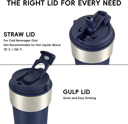 Insulated Travel Coffee Mug, 17oz Stainless Steel Leakproof Flip Straw Cup | Double Wall Vacuum Insulated, BPA-Free Material, Reusable Tumbler for Hot & Cold Drinks, Classic Black, Fits Car Cup Holders