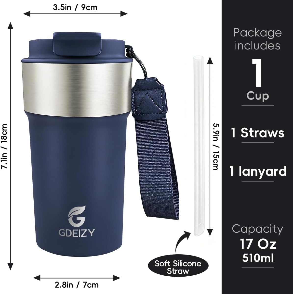 Insulated Travel Coffee Mug, 17oz Stainless Steel Leakproof Flip Straw Cup | Double Wall Vacuum Insulated, BPA-Free Material, Reusable Tumbler for Hot & Cold Drinks, Classic Black, Fits Car Cup Holders