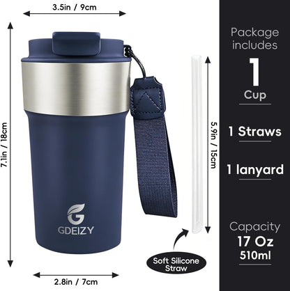 Insulated Travel Coffee Mug, 17oz Stainless Steel Leakproof Flip Straw Cup | Double Wall Vacuum Insulated, BPA-Free Material, Reusable Tumbler for Hot & Cold Drinks, Classic Black, Fits Car Cup Holders
