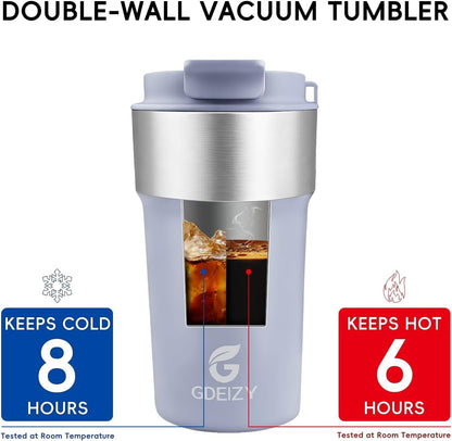Insulated Travel Coffee Mug, 17oz Stainless Steel Leakproof Flip Straw Cup | Double Wall Vacuum Insulated, BPA-Free Material, Reusable Tumbler for Hot & Cold Drinks, Classic Black, Fits Car Cup Holders