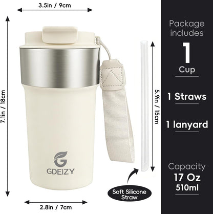 Insulated Travel Coffee Mug, 17oz Stainless Steel Leakproof Flip Straw Cup | Double Wall Vacuum Insulated, BPA-Free Material, Reusable Tumbler for Hot & Cold Drinks, Classic Black, Fits Car Cup Holders