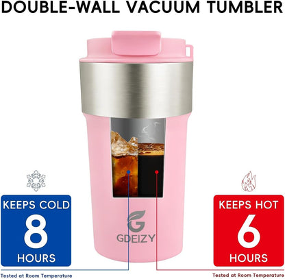 Insulated Travel Coffee Mug, 17oz Stainless Steel Leakproof Flip Straw Cup | Double Wall Vacuum Insulated, BPA-Free Material, Reusable Tumbler for Hot & Cold Drinks, Classic Black, Fits Car Cup Holders