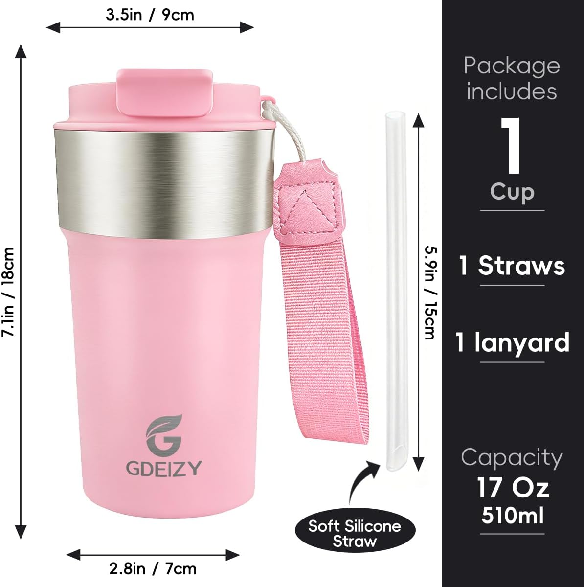 Insulated Travel Coffee Mug, 17oz Stainless Steel Leakproof Flip Straw Cup | Double Wall Vacuum Insulated, BPA-Free Material, Reusable Tumbler for Hot & Cold Drinks, Classic Black, Fits Car Cup Holders