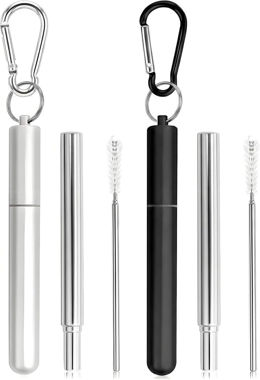 Collapsible Stainless Steel Drinking Straws with Aluminum Case, Cleaning Brush, and Keychains（Black+Silver）