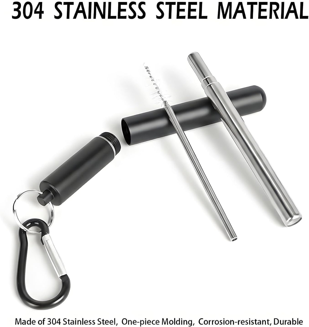 Collapsible Stainless Steel Drinking Straws with Aluminum Case, Cleaning Brush, and Keychains（Black+Silver）