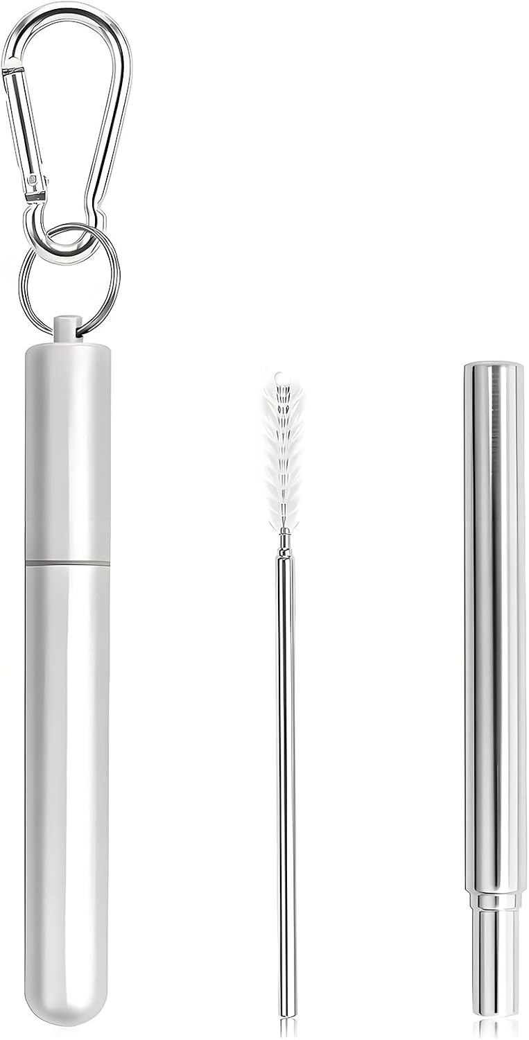 Collapsible Stainless Steel Drinking Straws with Aluminum Case, Cleaning Brush, and Keychains（Black+Silver）
