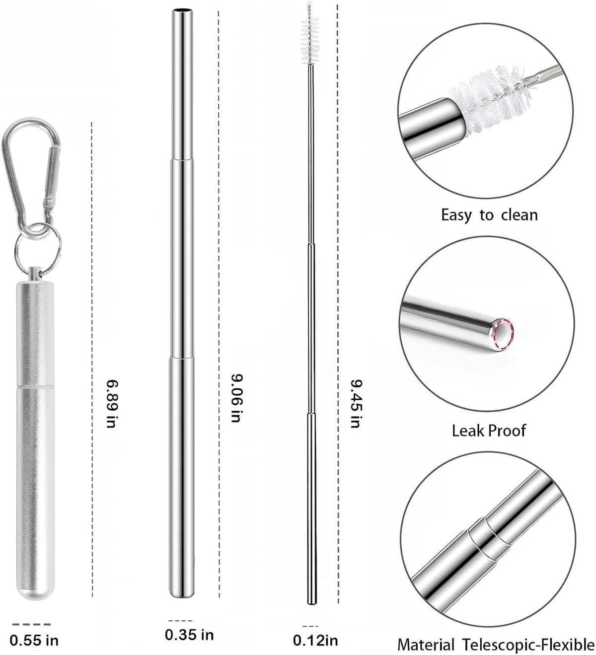 Collapsible Stainless Steel Drinking Straws with Aluminum Case, Cleaning Brush, and Keychains（Black+Silver）