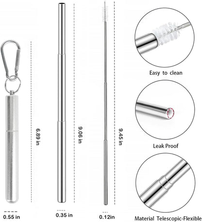 Collapsible Stainless Steel Drinking Straws with Aluminum Case, Cleaning Brush, and Keychains（Black+Silver）