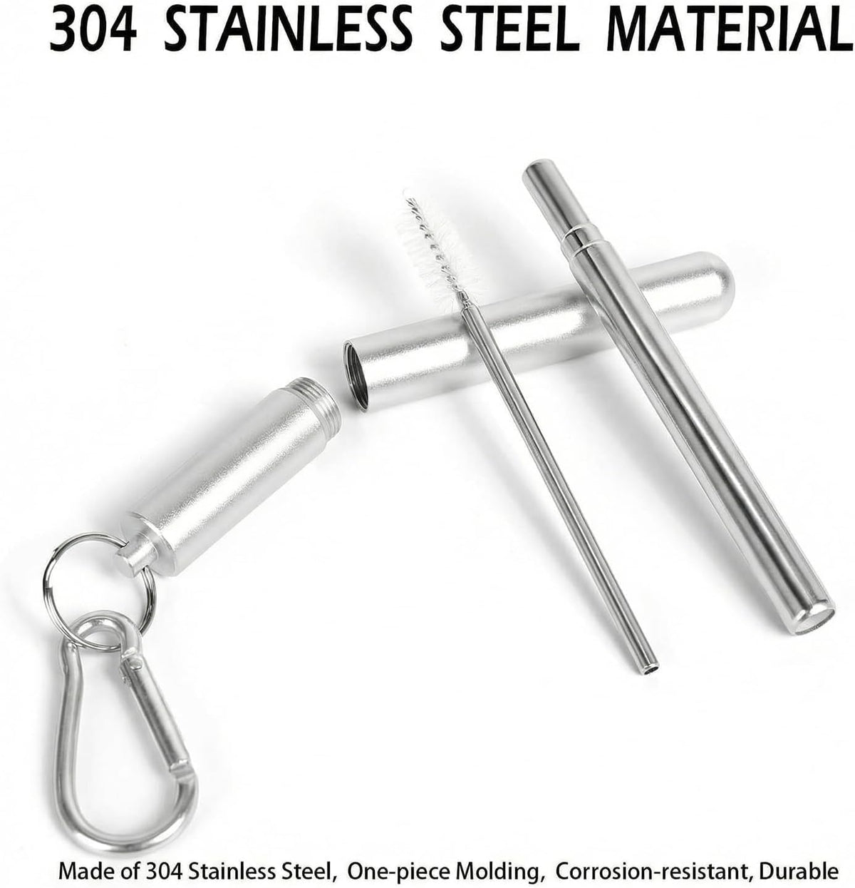 Collapsible Stainless Steel Drinking Straws with Aluminum Case, Cleaning Brush, and Keychains（Black+Silver）