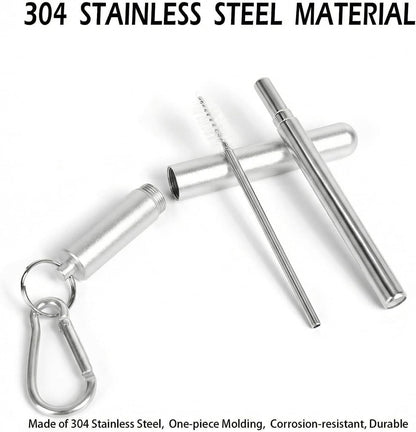 Collapsible Stainless Steel Drinking Straws with Aluminum Case, Cleaning Brush, and Keychains（Black+Silver）