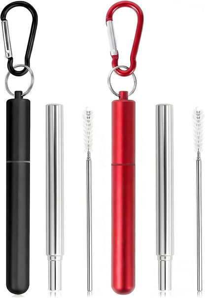 Collapsible Stainless Steel Drinking Straws with Aluminum Case, Cleaning Brush, and Keychains（Black+Silver）
