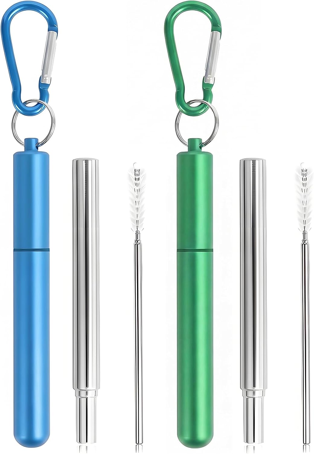 Collapsible Stainless Steel Drinking Straws with Aluminum Case, Cleaning Brush, and Keychains（Black+Silver）