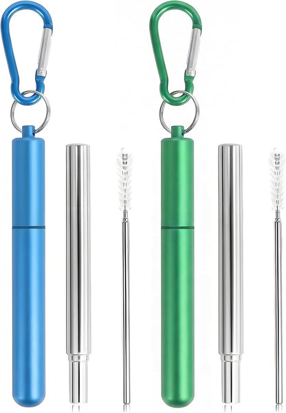 Collapsible Stainless Steel Drinking Straws with Aluminum Case, Cleaning Brush, and Keychains（Black+Silver）