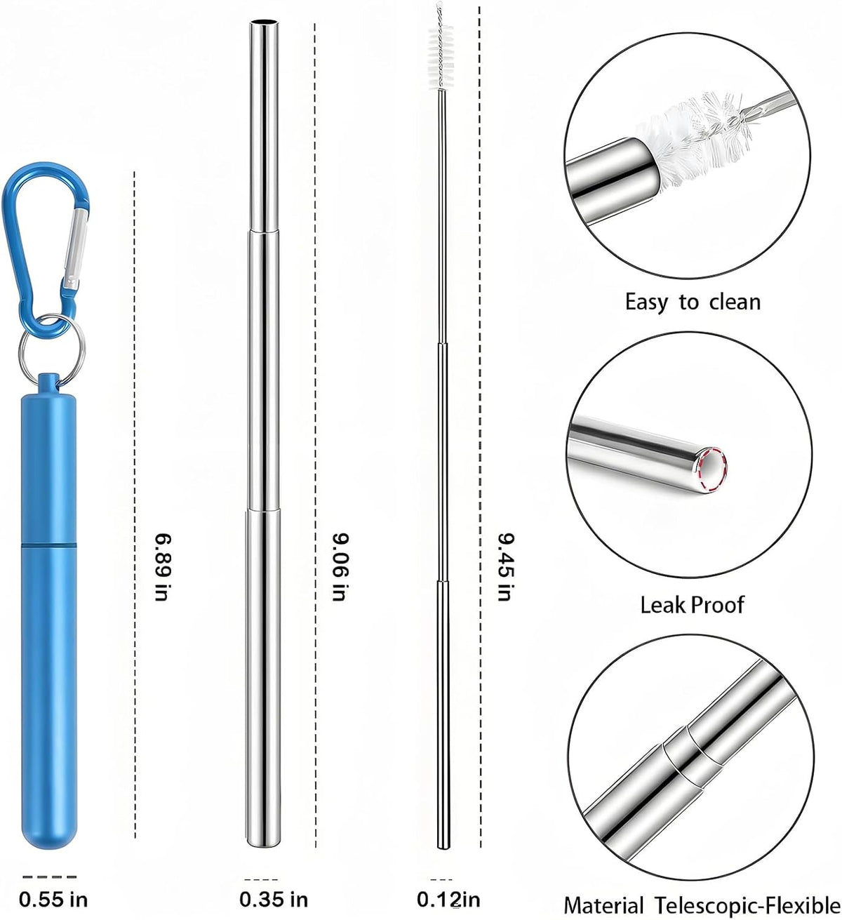 Collapsible Stainless Steel Drinking Straws with Aluminum Case, Cleaning Brush, and Keychains（Black+Silver）