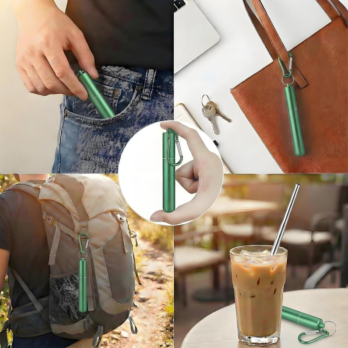 Collapsible Stainless Steel Drinking Straws with Aluminum Case, Cleaning Brush, and Keychains（Black+Silver）