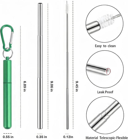 Collapsible Stainless Steel Drinking Straws with Aluminum Case, Cleaning Brush, and Keychains（Black+Silver）