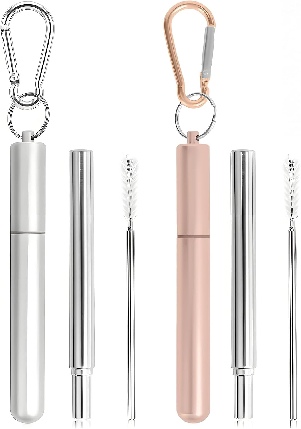 Collapsible Stainless Steel Drinking Straws with Aluminum Case, Cleaning Brush, and Keychains（Black+Silver）