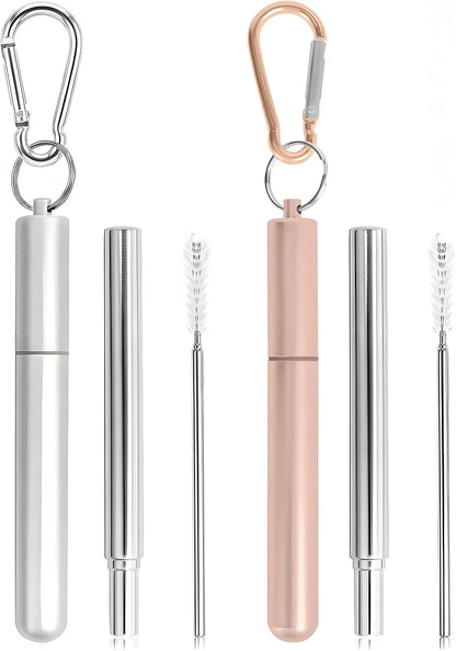 Collapsible Stainless Steel Drinking Straws with Aluminum Case, Cleaning Brush, and Keychains（Black+Silver）