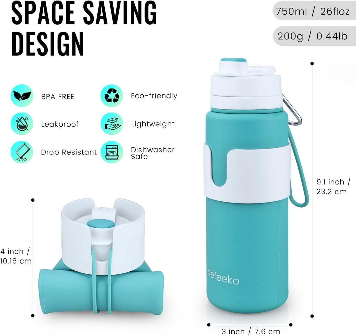 Collapsible Water Bottle, BPA Free 26oz Silicone Water Bottles