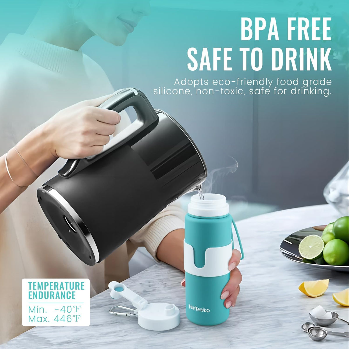 Collapsible Water Bottle, BPA Free 26oz Silicone Water Bottles
