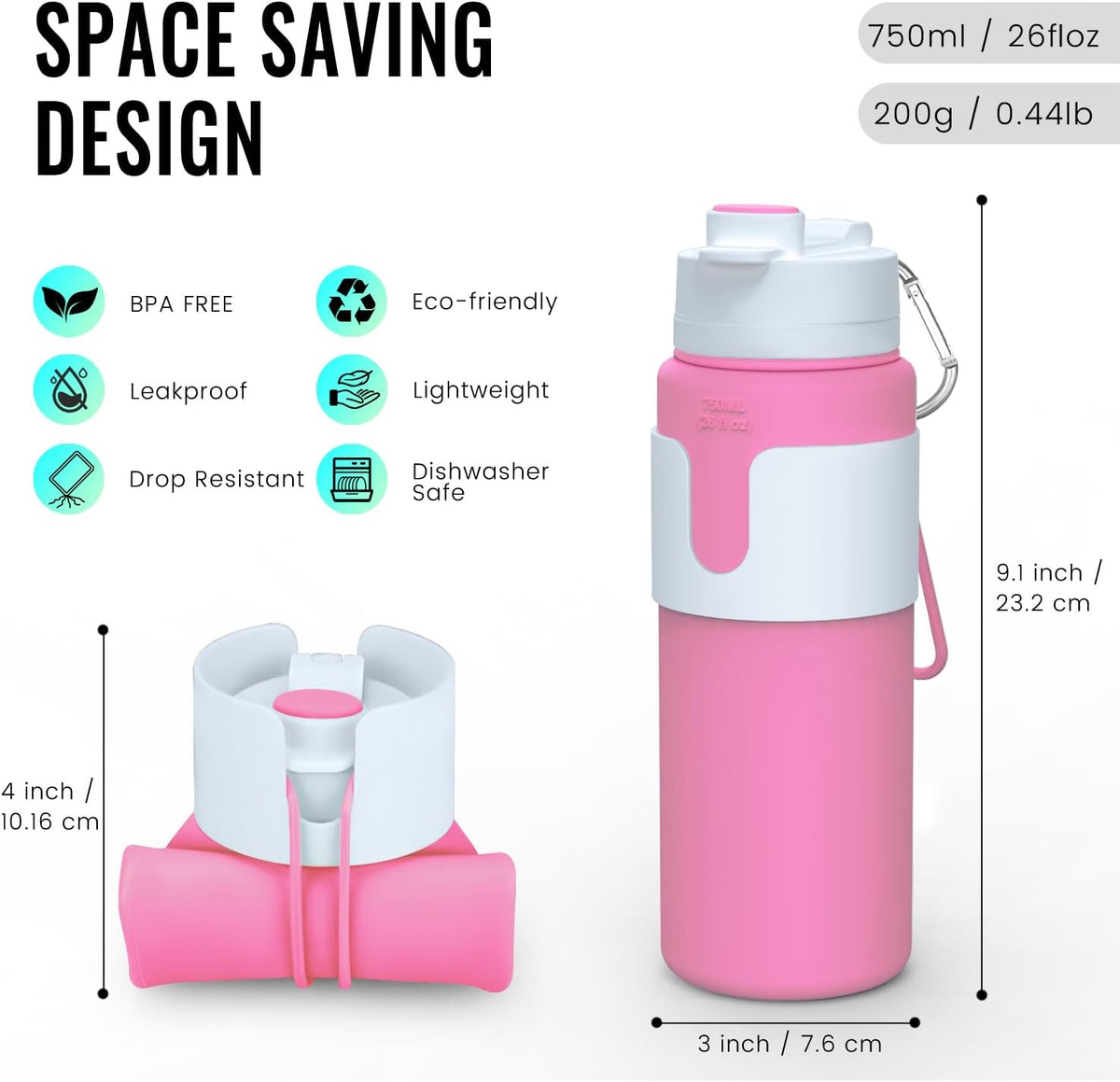 Collapsible Water Bottle, BPA Free 26oz Silicone Water Bottles