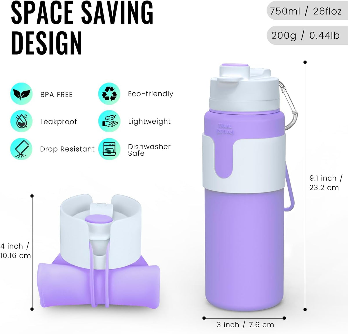 Collapsible Water Bottle, BPA Free 26oz Silicone Water Bottles