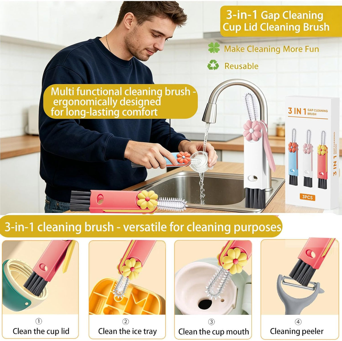 4 in 1 Cup Lid Cleaning Brush - Multifunctional Water Bottle Crevice Cleaning Brush, Portable Cup Lid Brush, Home Kitchen Crevice Brush Tools for Tiny Cup Lid Detail, Bottle Tight Spaces Cup