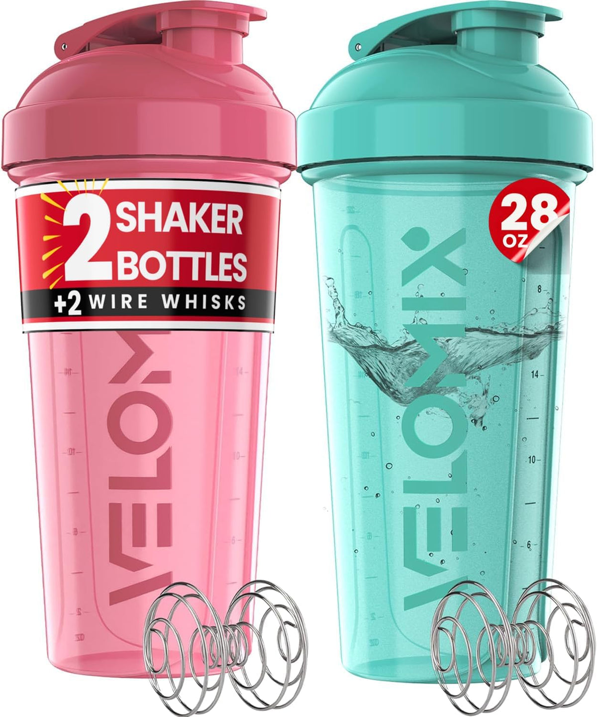 2 Pack 28oz Protein Shaker Bottle for Protein Mixes, Black/Transpar