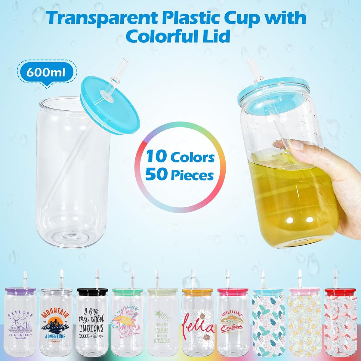 16oz Plastic Mason Jars, 6Pack Clear Mason Drinking Acrylic Cups with Lids and Stainless Steel Straws Iced Coffee Cups Shatterproof Unbreakable Tumblers for Smoothies, Beer, Coffee, Milk Tea, Colored