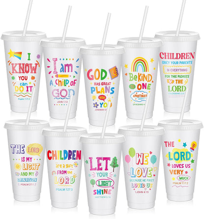 10 Christian Kids Cups with Lids Straws, Back to School, White