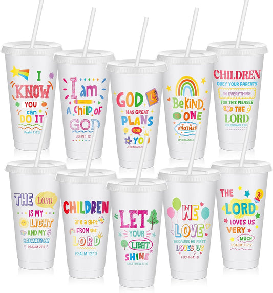 10 Christian Kids Cups with Lids Straws, Back to School, White