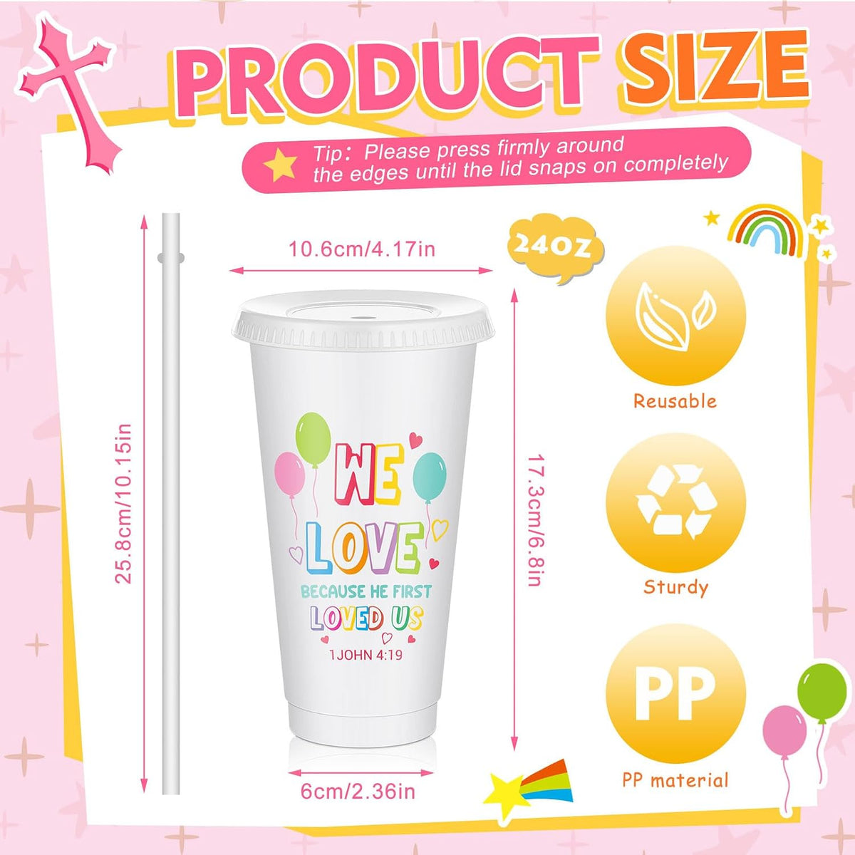 10 Christian Kids Cups with Lids Straws, Back to School, White