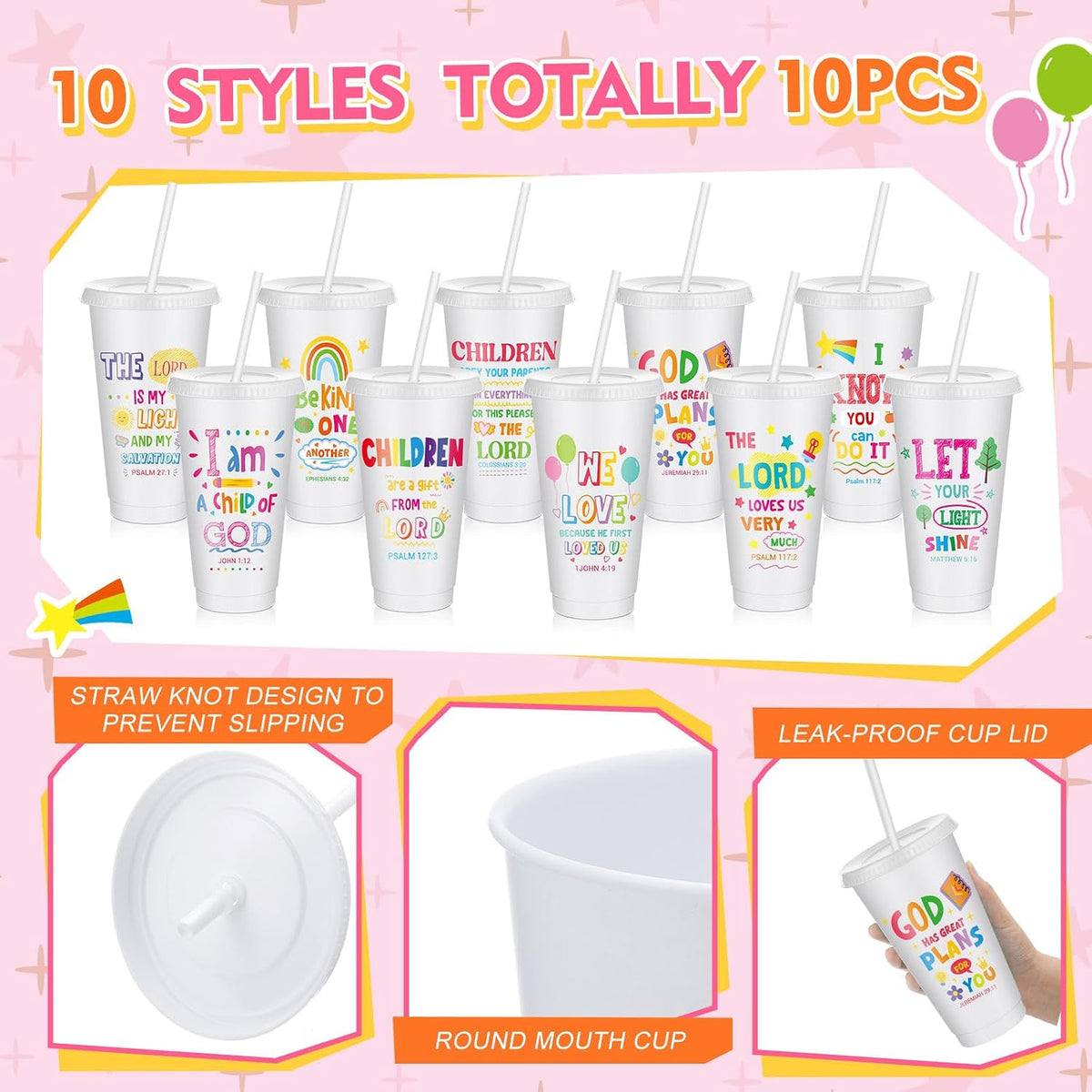 10 Christian Kids Cups with Lids Straws, Back to School, White