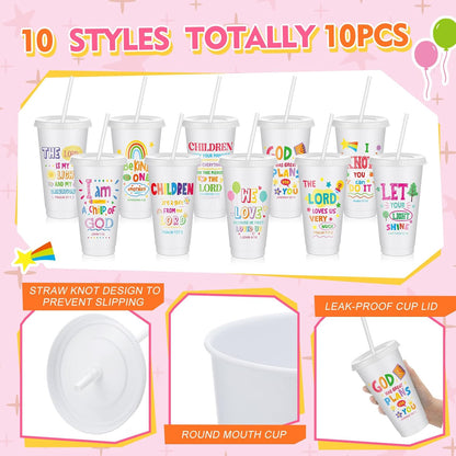 10 Christian Kids Cups with Lids Straws, Back to School, White