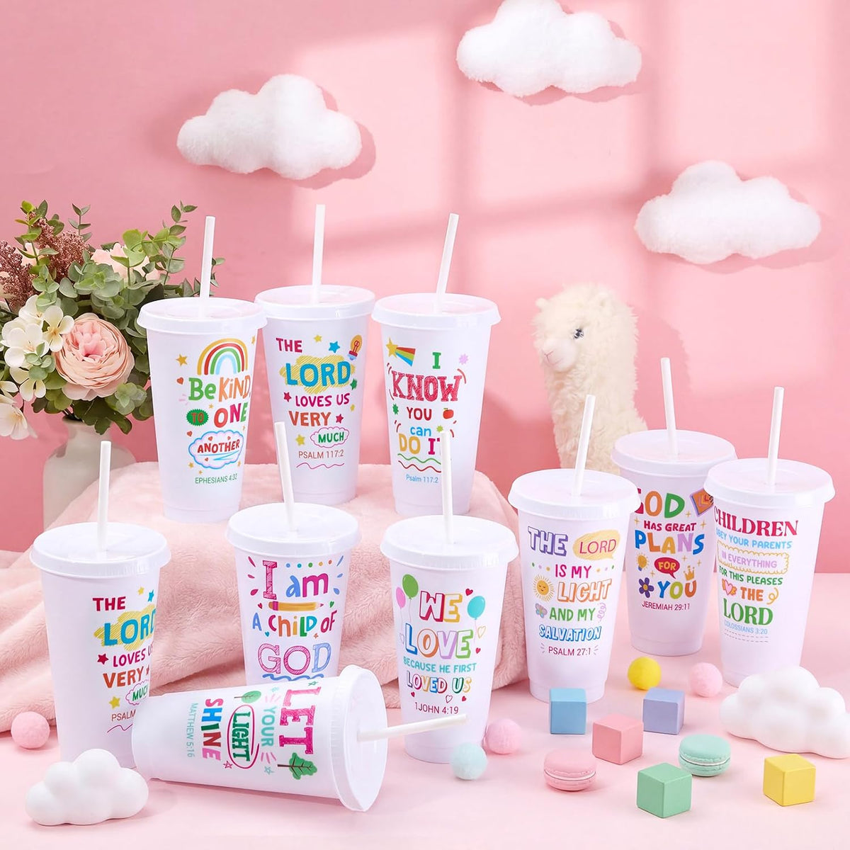 10 Christian Kids Cups with Lids Straws, Back to School, White
