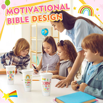 10 Christian Kids Cups with Lids Straws, Back to School, White
