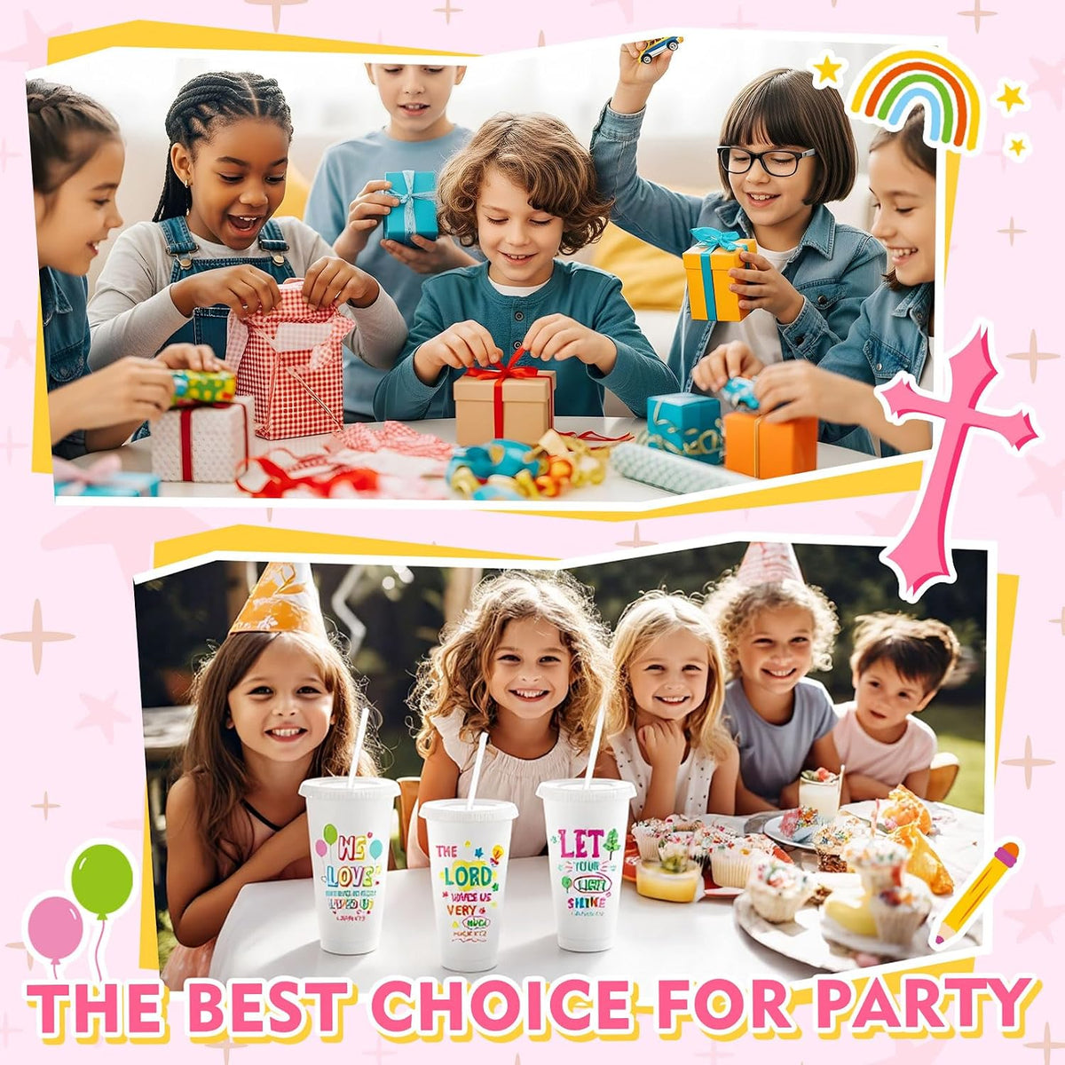 10 Christian Kids Cups with Lids Straws, Back to School, White